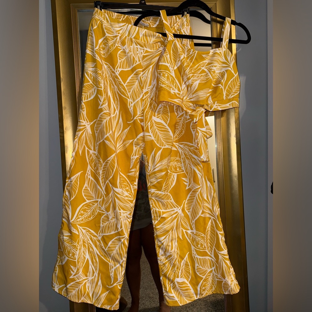 Yellow Leaf Print Two Piece Pant and Top Set